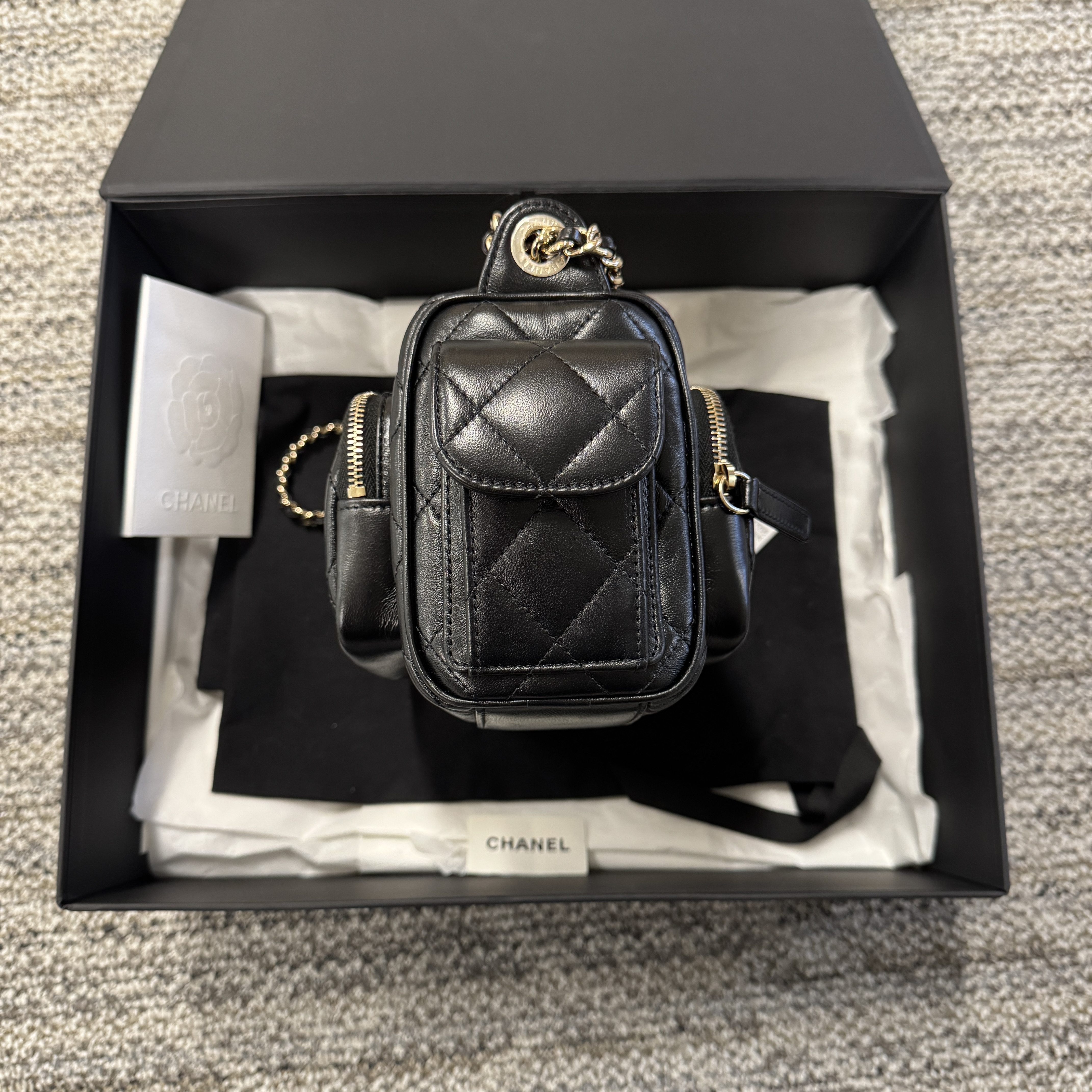 CHANEL  Preppy Pocket Camera Bag Shiny Crumpled Black Lambskin LGHW